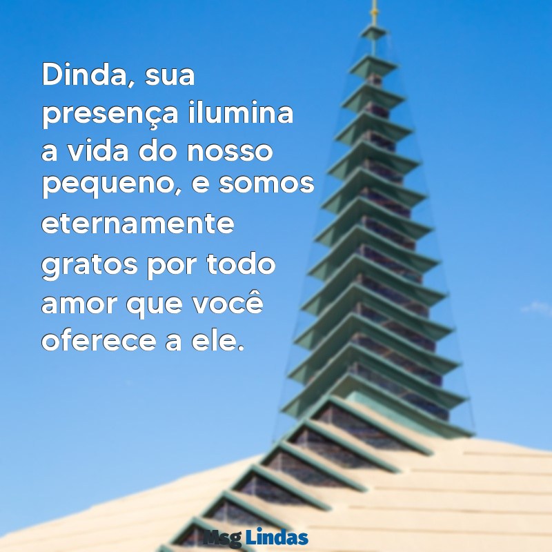 mensagens para dinda do meu filho Dinda, sua presença ilumina a vida do nosso pequeno, e somos eternamente gratos por todo amor que você oferece a ele.