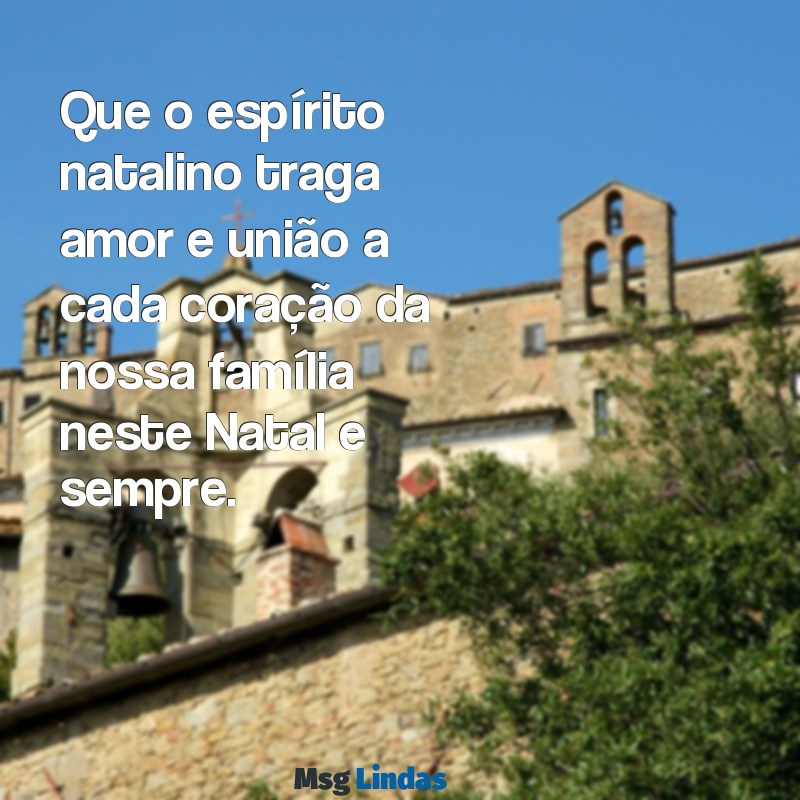 mensagens para família de natal Que o espírito natalino traga amor e união a cada coração da nossa família neste Natal e sempre.