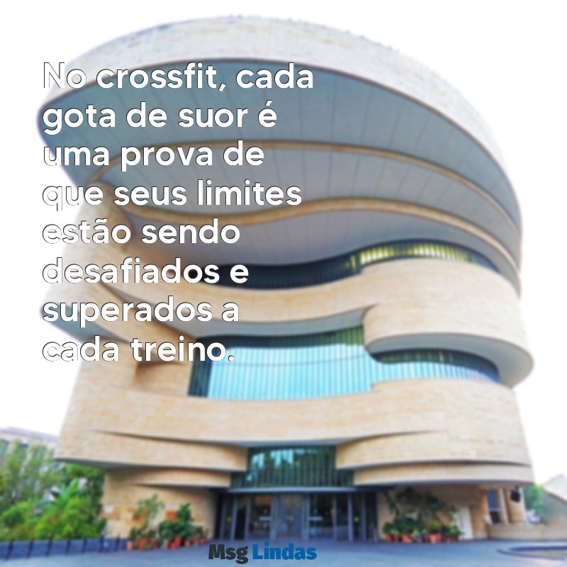 crossfit mensagens No crossfit, cada gota de suor é uma prova de que seus limites estão sendo desafiados e superados a cada treino.