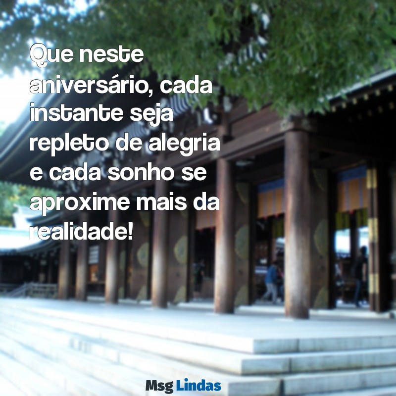 mensagens para aniversário de Que neste aniversário, cada instante seja repleto de alegria e cada sonho se aproxime mais da realidade!