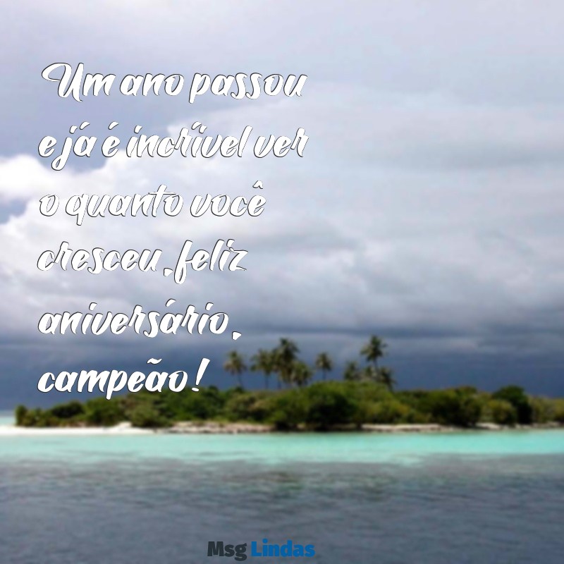 mensagens aniversário de 1 ano masculino Um ano passou e já é incrível ver o quanto você cresceu, feliz aniversário, campeão!