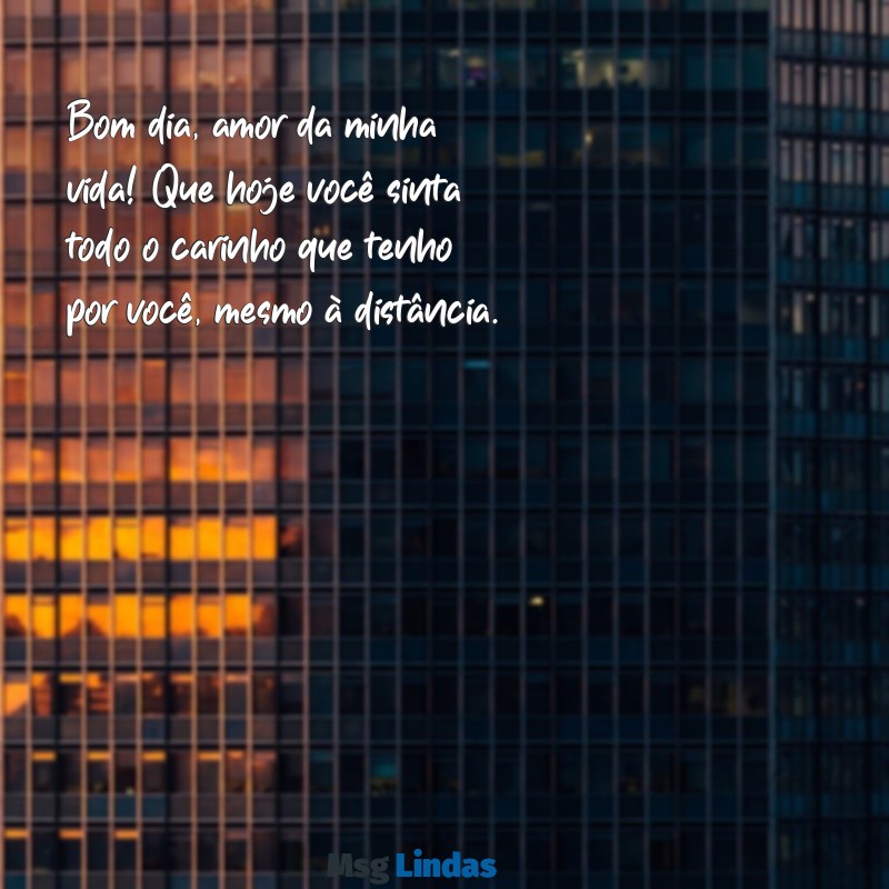 msg de bom dia amor da minha vida Bom dia, amor da minha vida! Que hoje você sinta todo o carinho que tenho por você, mesmo à distância.