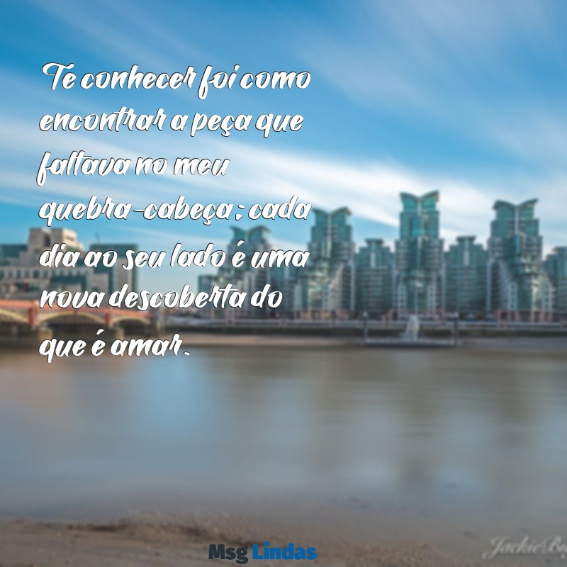 declaração de amor para namorado recente Te conhecer foi como encontrar a peça que faltava no meu quebra-cabeça; cada dia ao seu lado é uma nova descoberta do que é amar.