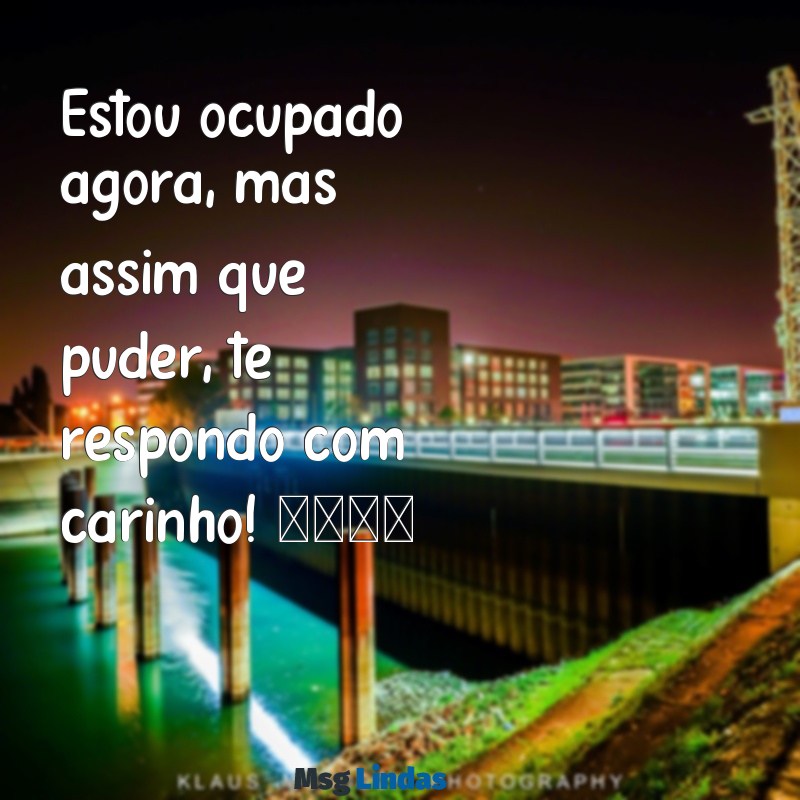 frases para recado do whatsapp Estou ocupado agora, mas assim que puder, te respondo com carinho! 🌟