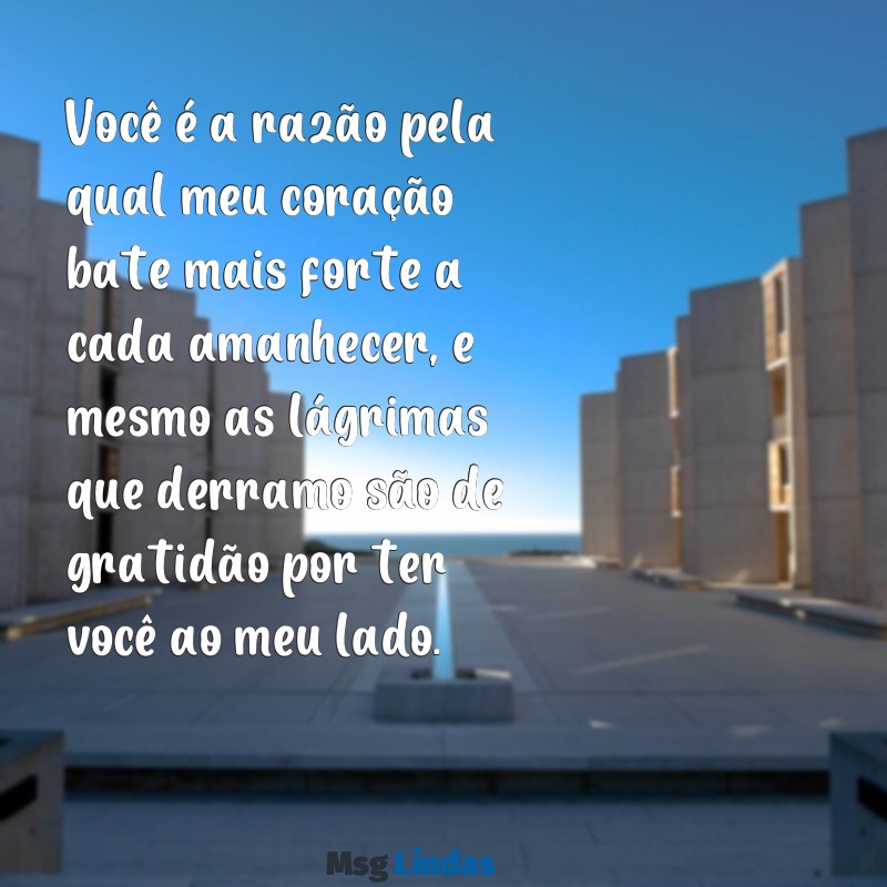 mensagens de amor para a namorada chorar Você é a razão pela qual meu coração bate mais forte a cada amanhecer, e mesmo as lágrimas que derramo são de gratidão por ter você ao meu lado.