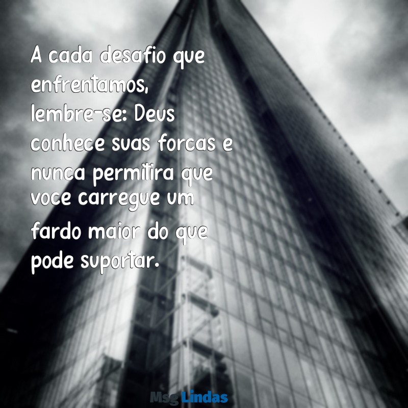 deus não da um fardo maior que podemos suportar frases A cada desafio que enfrentamos, lembre-se: Deus conhece suas forças e nunca permitirá que você carregue um fardo maior do que pode suportar.