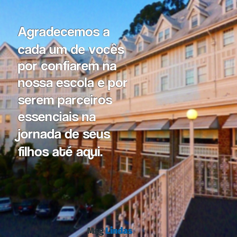 mensagens de encerramento escolar para os pais Agradecemos a cada um de vocês por confiarem na nossa escola e por serem parceiros essenciais na jornada de seus filhos até aqui.