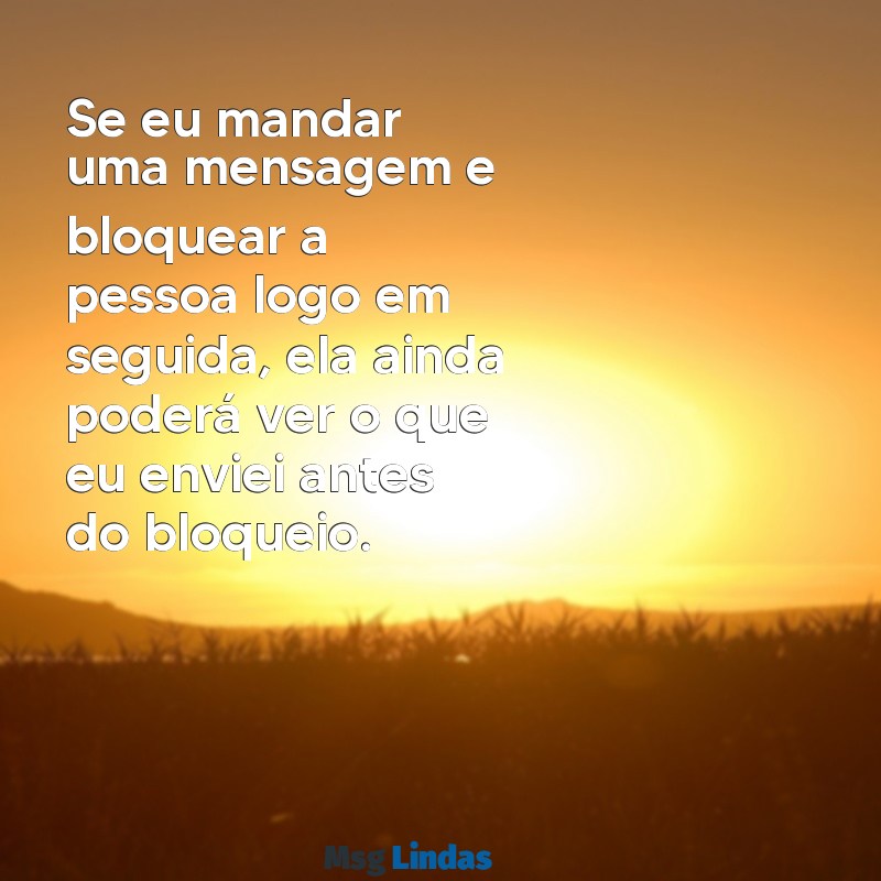 se eu mandar uma mensagens e depois bloquear a pessoa recebe Se eu mandar uma mensagem e bloquear a pessoa logo em seguida, ela ainda poderá ver o que eu enviei antes do bloqueio.