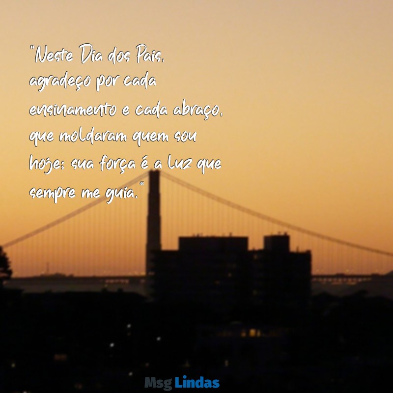 mensagens para o dia dos pais emocionante texto "Neste Dia dos Pais, agradeço por cada ensinamento e cada abraço, que moldaram quem sou hoje; sua força é a luz que sempre me guia."