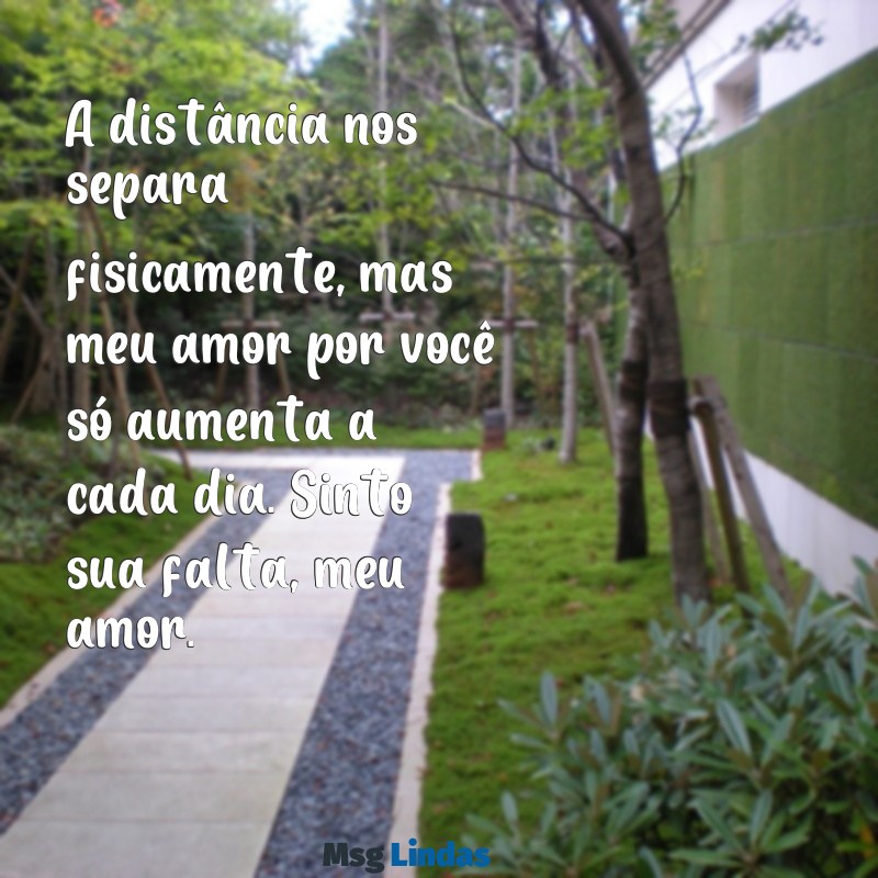 mensagens de saudade para marido que está viajando A distância nos separa fisicamente, mas meu amor por você só aumenta a cada dia. Sinto sua falta, meu amor.