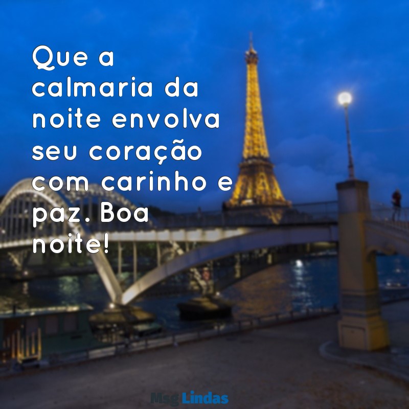 mensagens curta de boa noite com carinho Que a calmaria da noite envolva seu coração com carinho e paz. Boa noite!