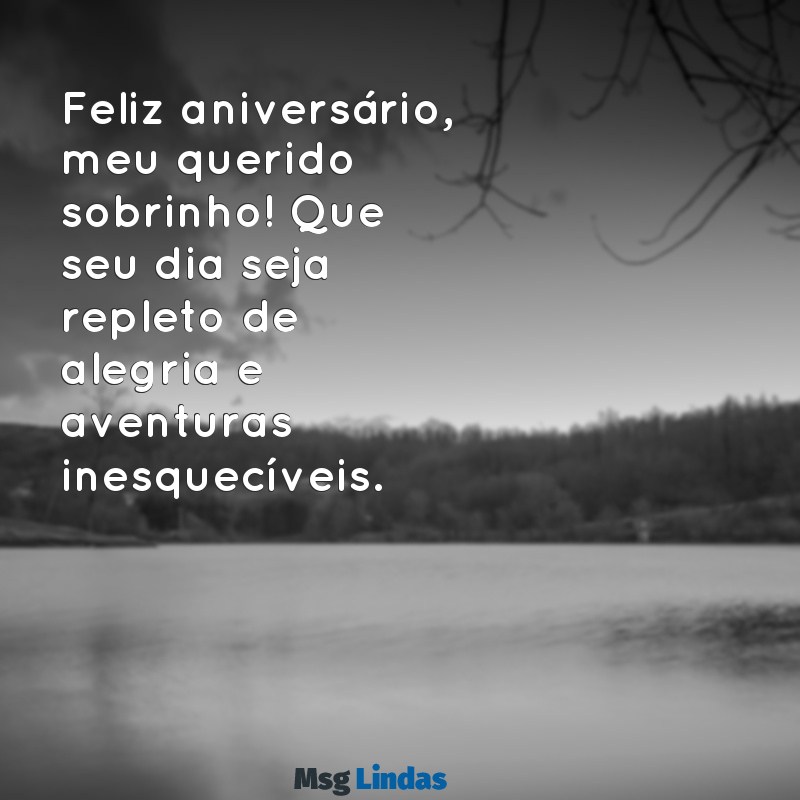 mensagens de feliz aniversario para sobrinho Feliz aniversário, meu querido sobrinho! Que seu dia seja repleto de alegria e aventuras inesquecíveis.