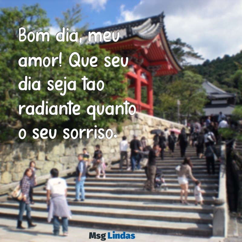 bom dia, meu amor frases curtas Bom dia, meu amor! Que seu dia seja tão radiante quanto o seu sorriso.