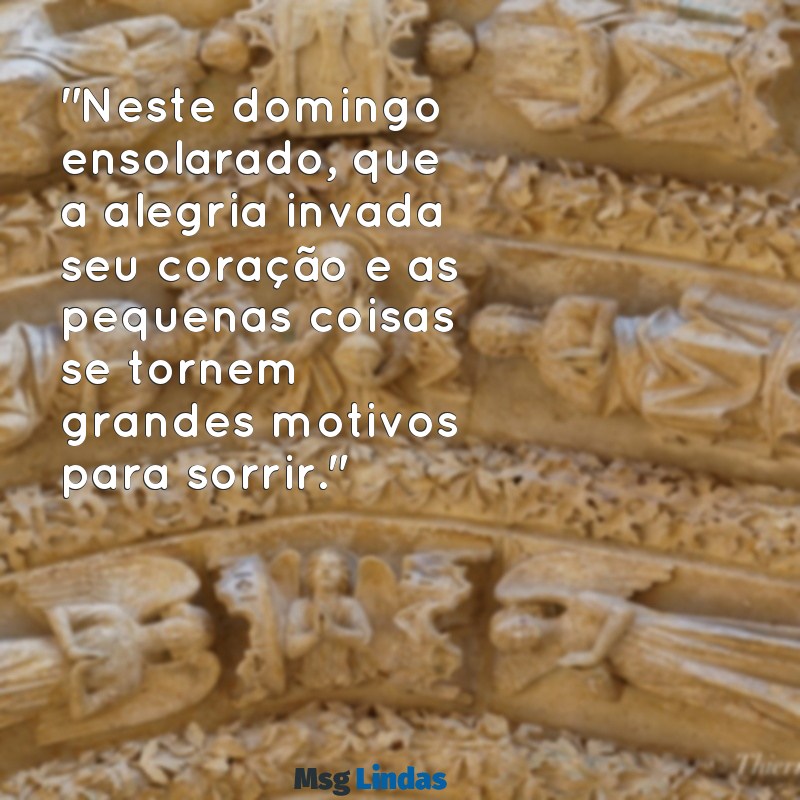 mensagens de um domingo feliz "Neste domingo ensolarado, que a alegria invada seu coração e as pequenas coisas se tornem grandes motivos para sorrir."