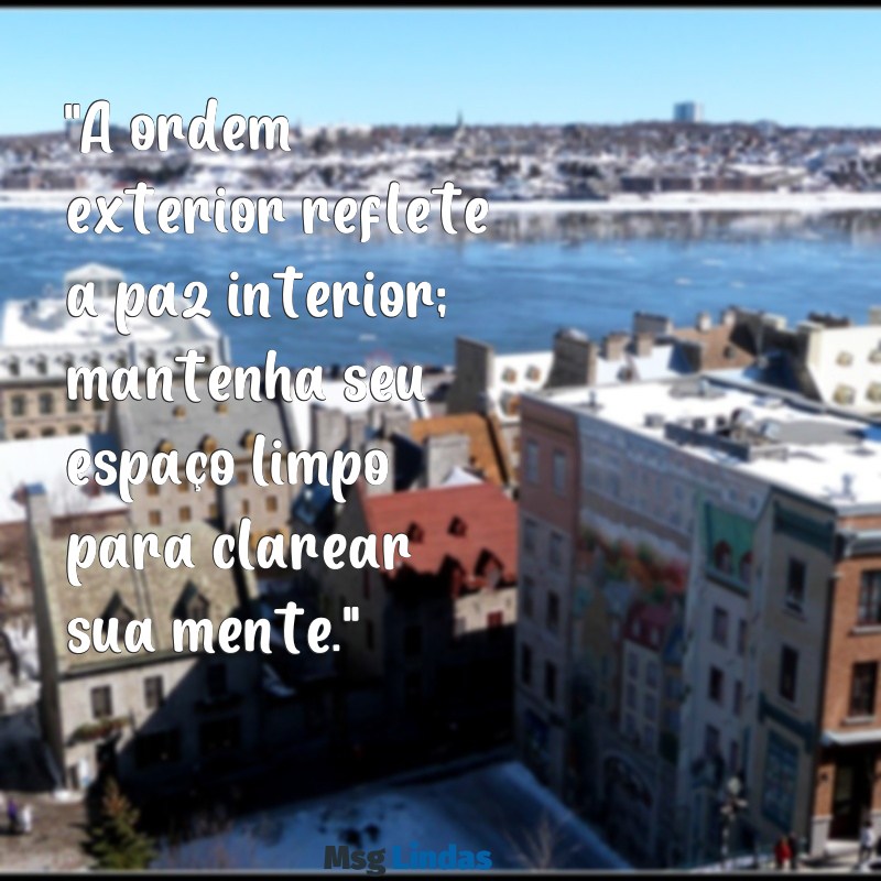 mensagens de limpeza e organização "A ordem exterior reflete a paz interior; mantenha seu espaço limpo para clarear sua mente."