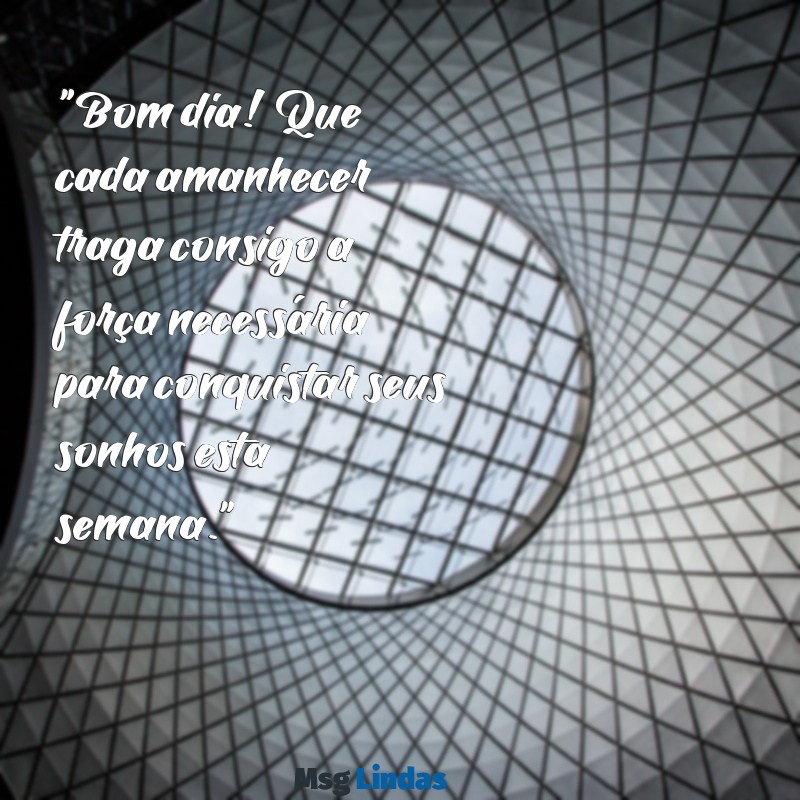 bom dia e boa semana motivacional "Bom dia! Que cada amanhecer traga consigo a força necessária para conquistar seus sonhos esta semana."