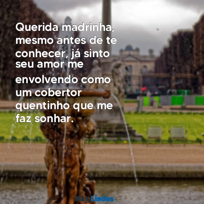 carta do bebê para a futura madrinha tumblr Querida madrinha, mesmo antes de te conhecer, já sinto seu amor me envolvendo como um cobertor quentinho que me faz sonhar.