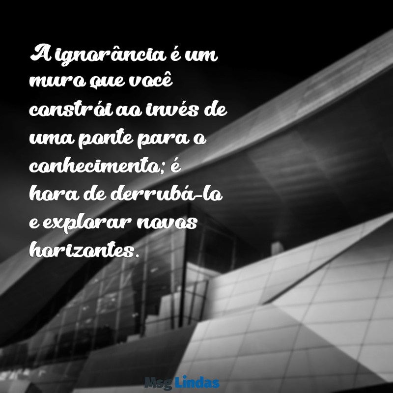 mensagens para pessoa ignorante A ignorância é um muro que você constrói ao invés de uma ponte para o conhecimento; é hora de derrubá-lo e explorar novos horizontes.