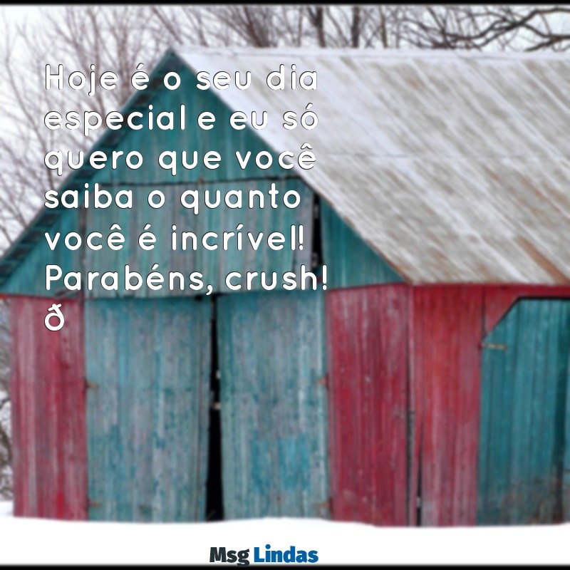 mensagens de parabéns para o crush Hoje é o seu dia especial e eu só quero que você saiba o quanto você é incrível! Parabéns, crush! 💖