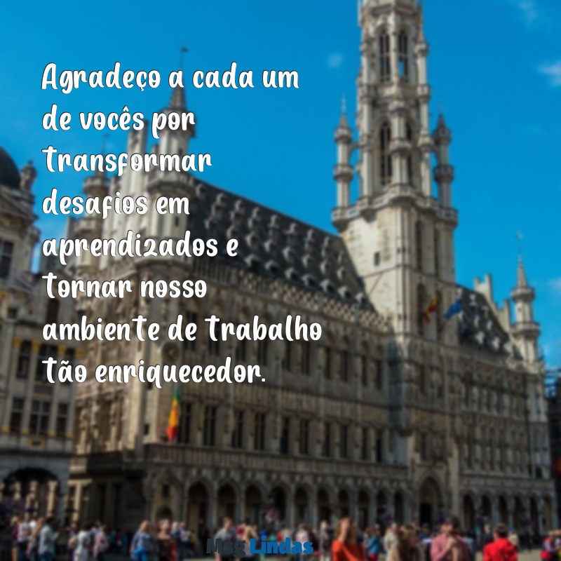 gratidão aos colegas de trabalho Agradeço a cada um de vocês por transformar desafios em aprendizados e tornar nosso ambiente de trabalho tão enriquecedor.