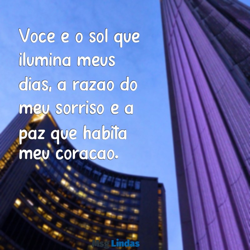 mensagens para o amor da vida Você é o sol que ilumina meus dias, a razão do meu sorriso e a paz que habita meu coração.