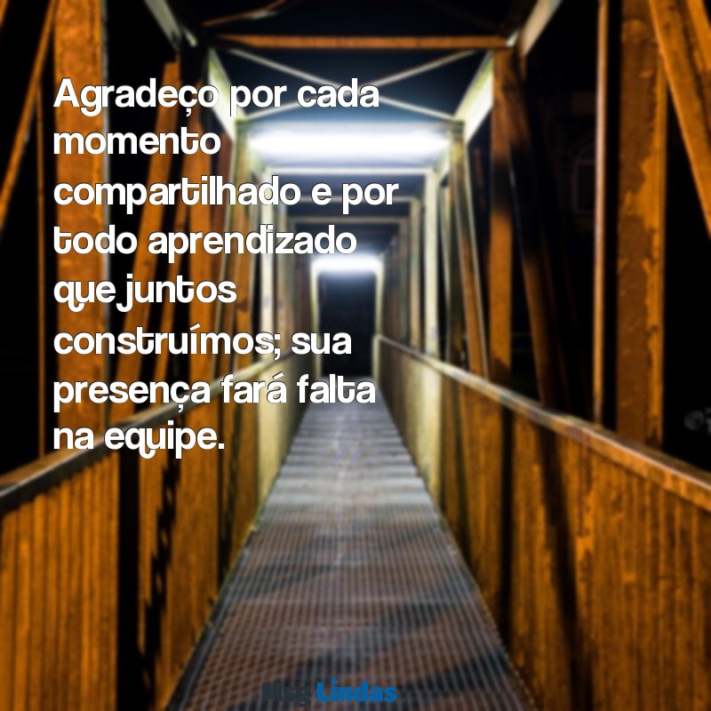 mensagens de despedida e agradecimento para colega de trabalho Agradeço por cada momento compartilhado e por todo aprendizado que juntos construímos; sua presença fará falta na equipe.