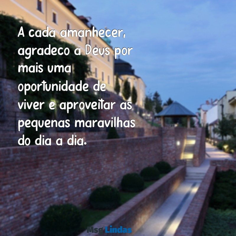 mensagens de gratidão a deus pela vida A cada amanhecer, agradeço a Deus por mais uma oportunidade de viver e aproveitar as pequenas maravilhas do dia a dia.