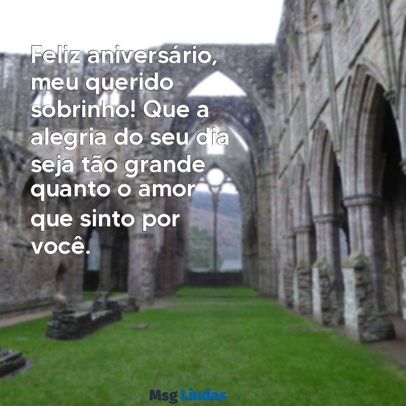 texto de aniversário para sobrinho Feliz aniversário, meu querido sobrinho! Que a alegria do seu dia seja tão grande quanto o amor que sinto por você.