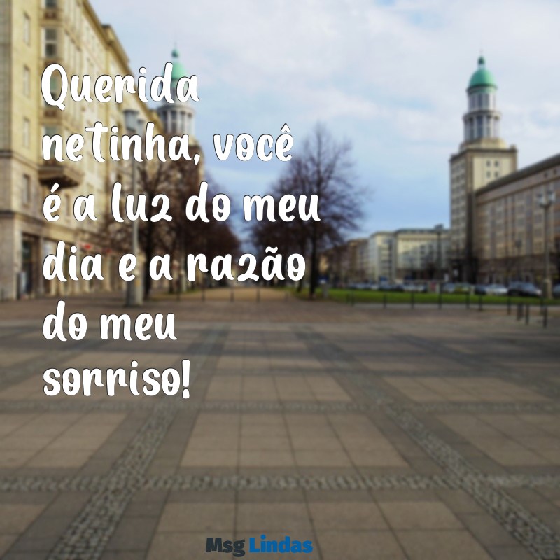 mensagens para netinha Querida netinha, você é a luz do meu dia e a razão do meu sorriso!