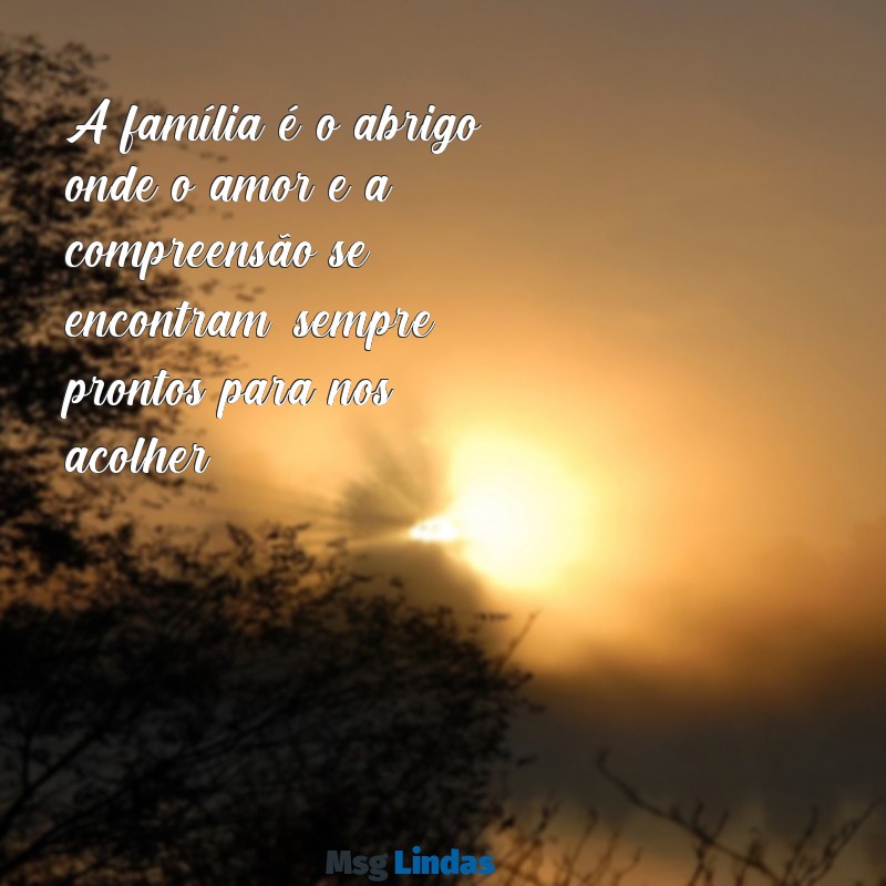 mensagens para minha familia A família é o abrigo onde o amor e a compreensão se encontram, sempre prontos para nos acolher.