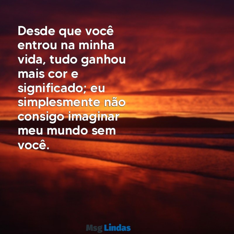 se declarando para o namorado Desde que você entrou na minha vida, tudo ganhou mais cor e significado; eu simplesmente não consigo imaginar meu mundo sem você.