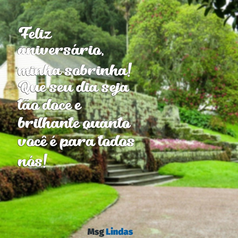 quero mensagens de aniversário para sobrinha Feliz aniversário, minha sobrinha! Que seu dia seja tão doce e brilhante quanto você é para todos nós!