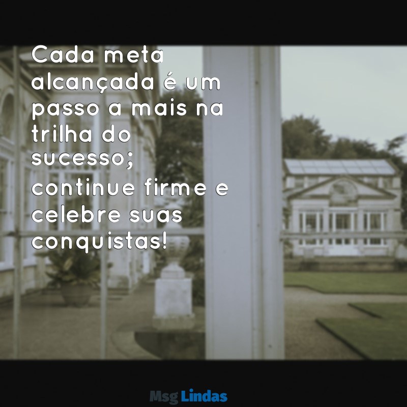 mensagens meta atingida Cada meta alcançada é um passo a mais na trilha do sucesso; continue firme e celebre suas conquistas!