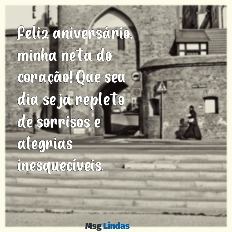 feliz aniversário para neta do coração Feliz aniversário, minha neta do coração! Que seu dia seja repleto de sorrisos e alegrias inesquecíveis.