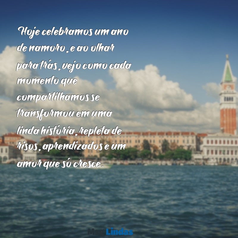 1 ano de namoro texto grande Hoje celebramos um ano de namoro, e ao olhar para trás, vejo como cada momento que compartilhamos se transformou em uma linda história, repleta de risos, aprendizados e um amor que só cresce.